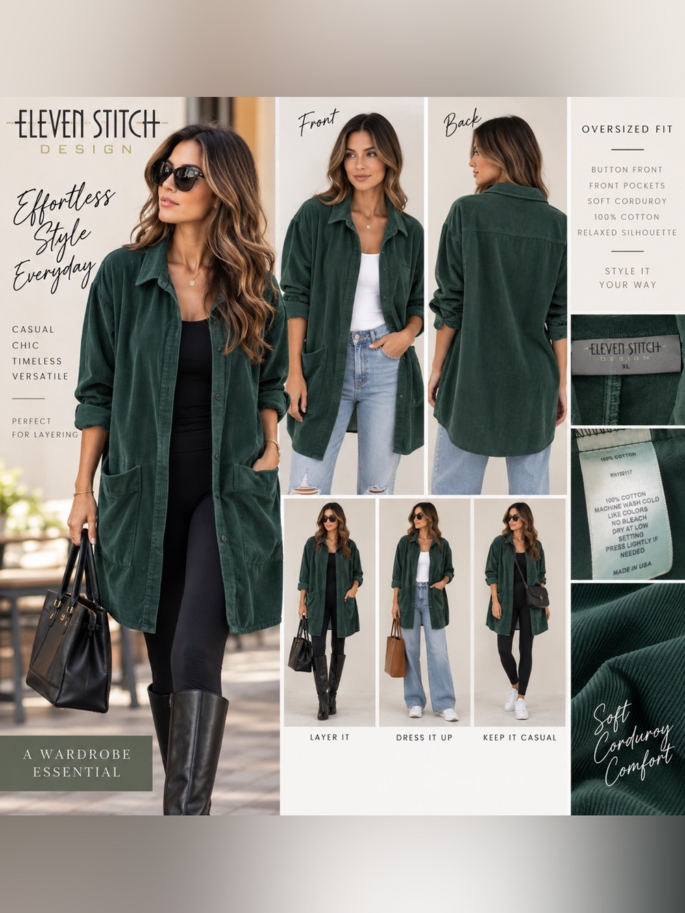 NWT- Eleven Stitch Design NWT Forest Green Oversized Corduroy Shacket XL $224